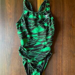 Girls Swimsuit One-piece Swim Team Sport TYR Green Black White Size 6 EUC